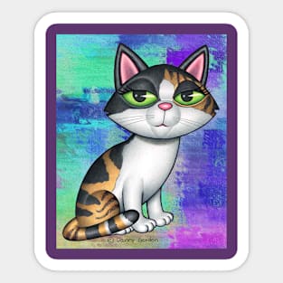 Beautiful Calico Kitty Cat on blue, green, purplish background Sticker